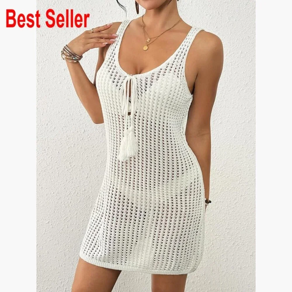 Crochet Hollow Out Backless Beach Cover Up Sleeveless 100% Acrylic